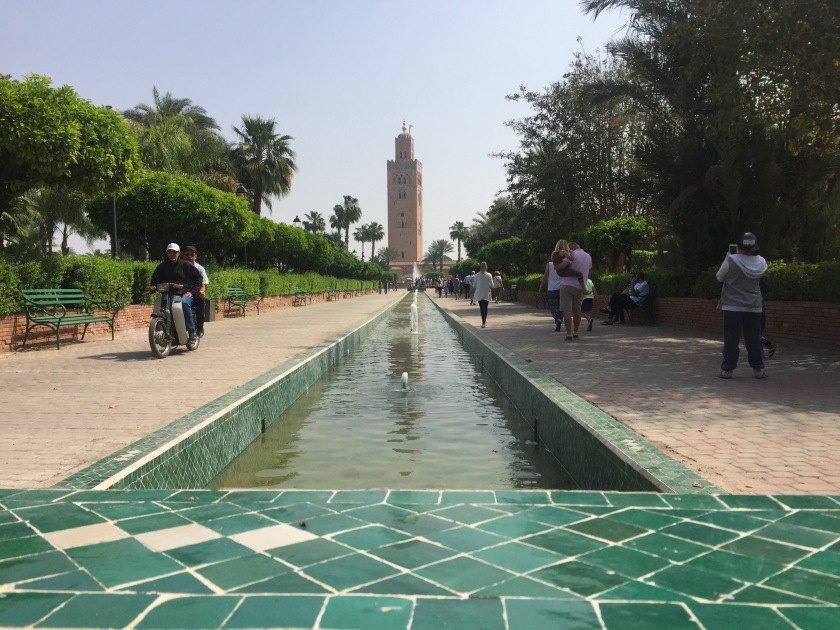 Koutoubia mosque and gardens Moroccan tiles water feature